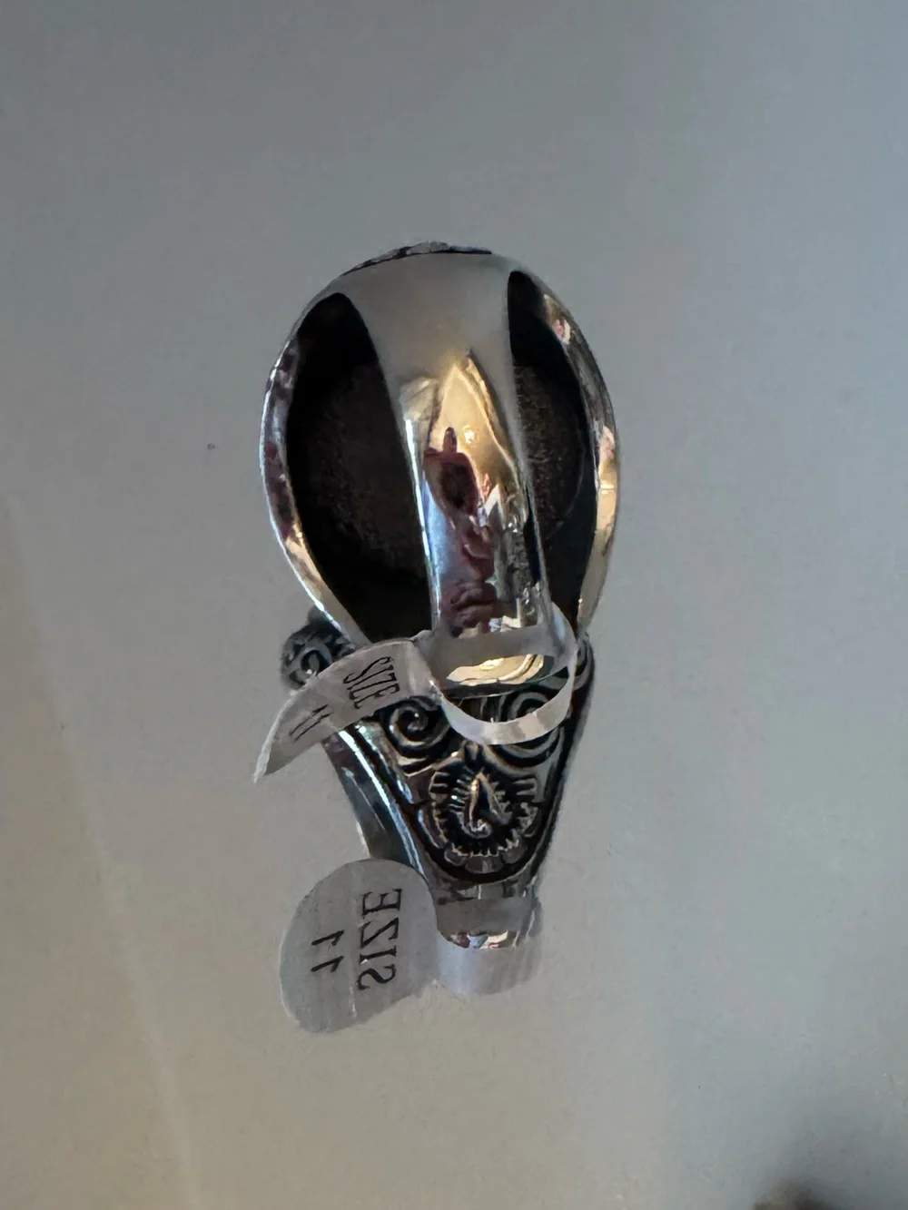 Western Turquoise Statement Ring Size 11 Silver Tone Engraved Oval Cabochon